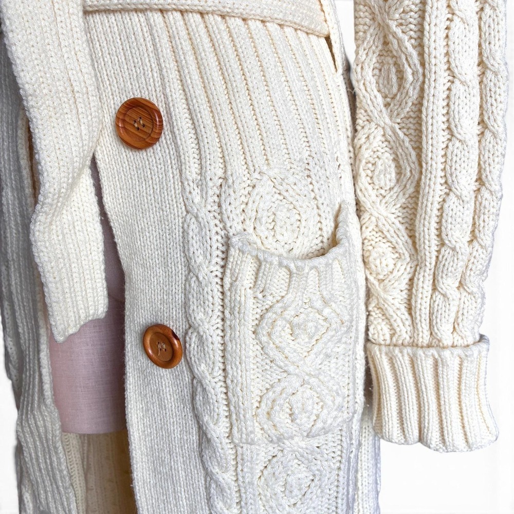 Vintage 70s Longline Cable Knit Sweater Cream Belted Shawl Collar - Picture 5 of 9